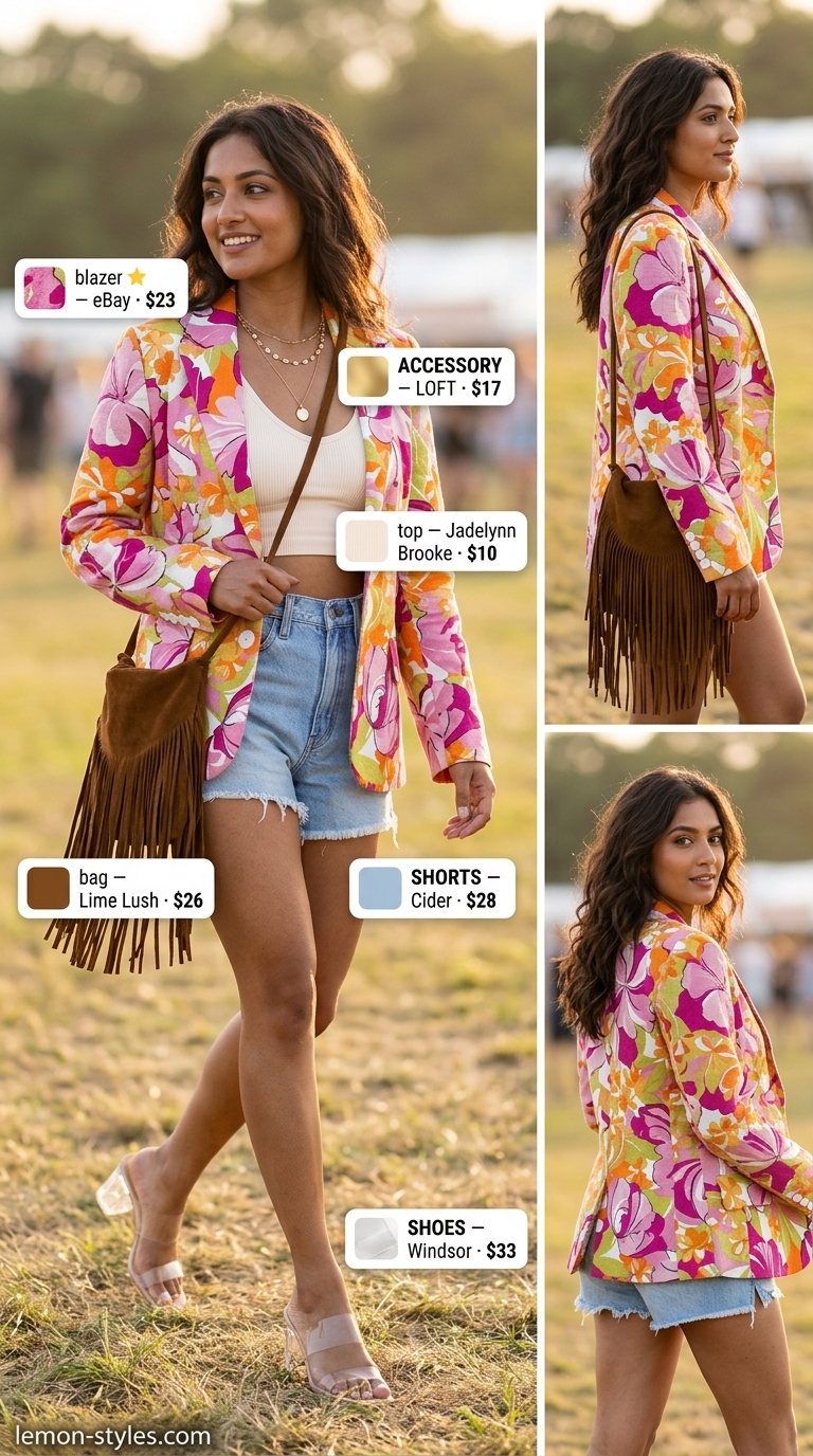 Summer Blazer with Shorts Outfits 2026: Boho Festival Flair Terracotta crochet blazer with distressed denim shorts for women's summer outfits 2026. Boho festival look.