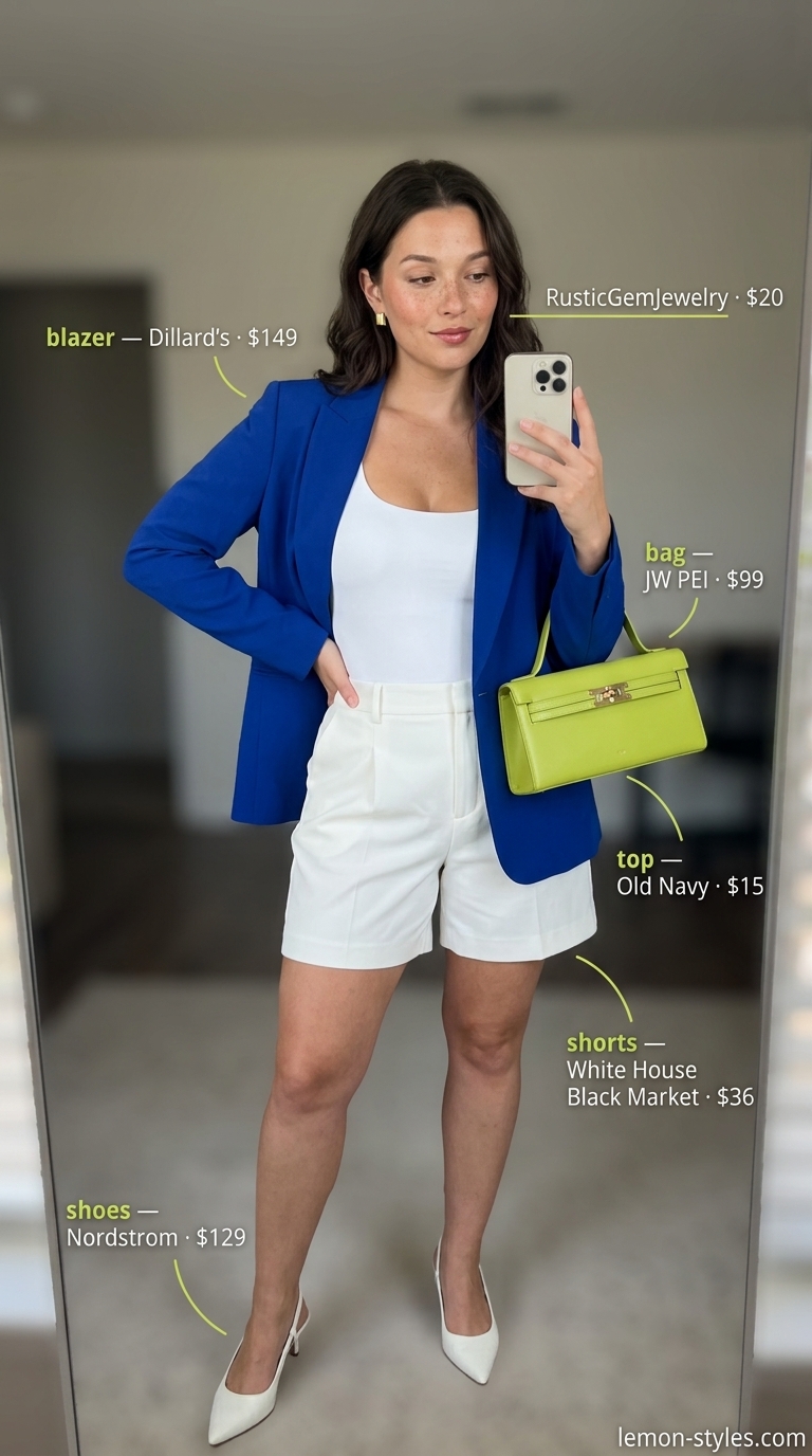 Summer Blazer with Shorts Outfits 2026: Bold City Statement Cobalt blue blazer with white pleated shorts for women's summer outfits 2026. Bold city statement.