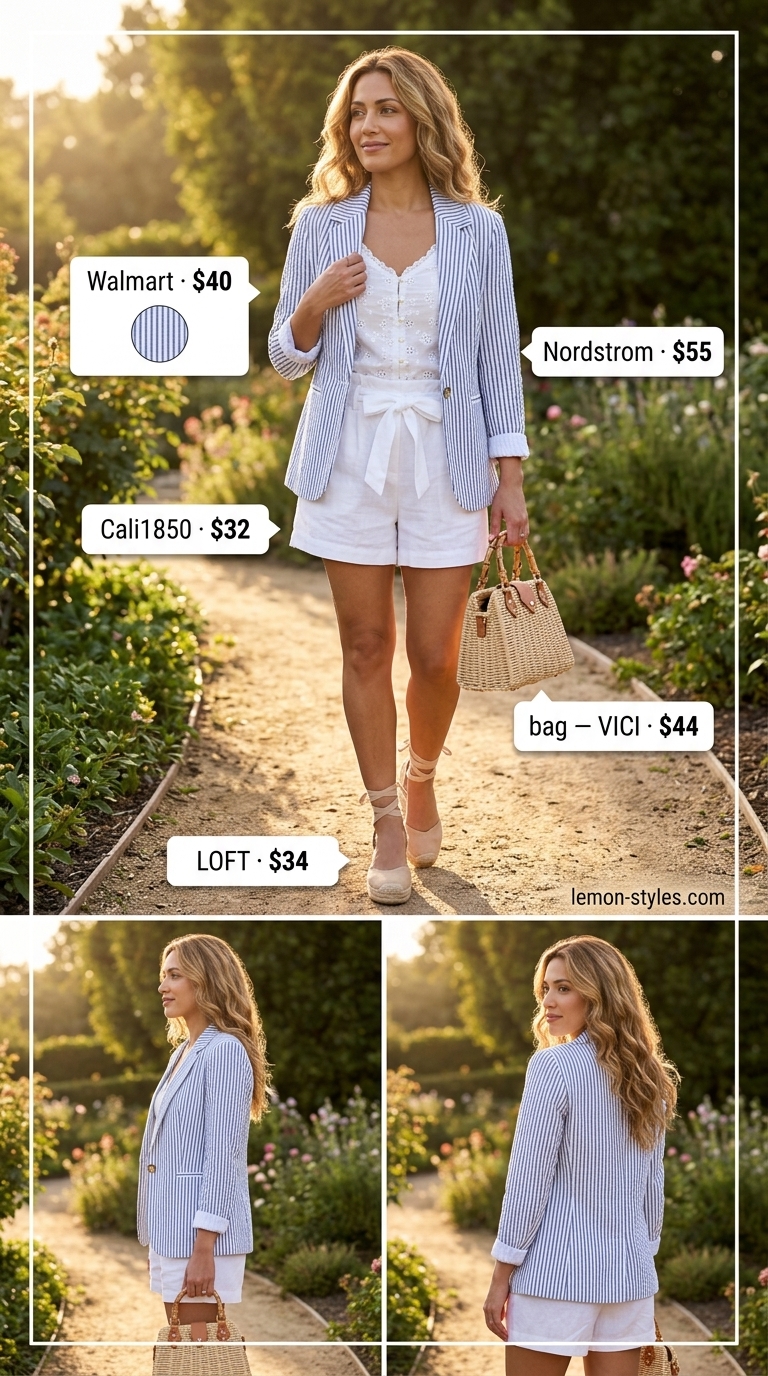 Summer Blazer with Shorts Outfits 2026: Garden Party Prep Light blue seersucker blazer with white paperbag shorts for women's summer outfits 2026. Garden party style.