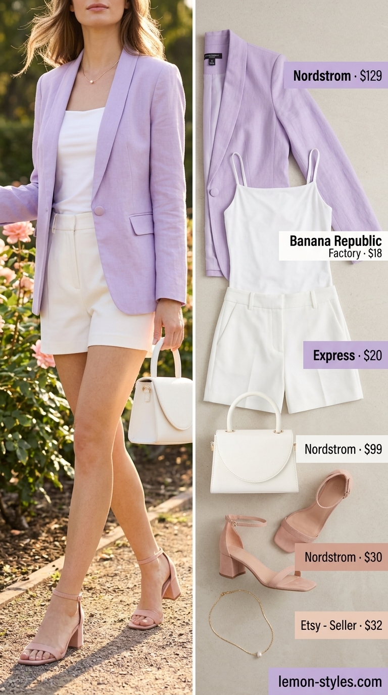 Summer Blazer with Shorts Outfits 2026: Lavender Haze Brunch Soft lavender linen blazer with white tailored shorts for women's summer outfits 2026. Chic brunch look.