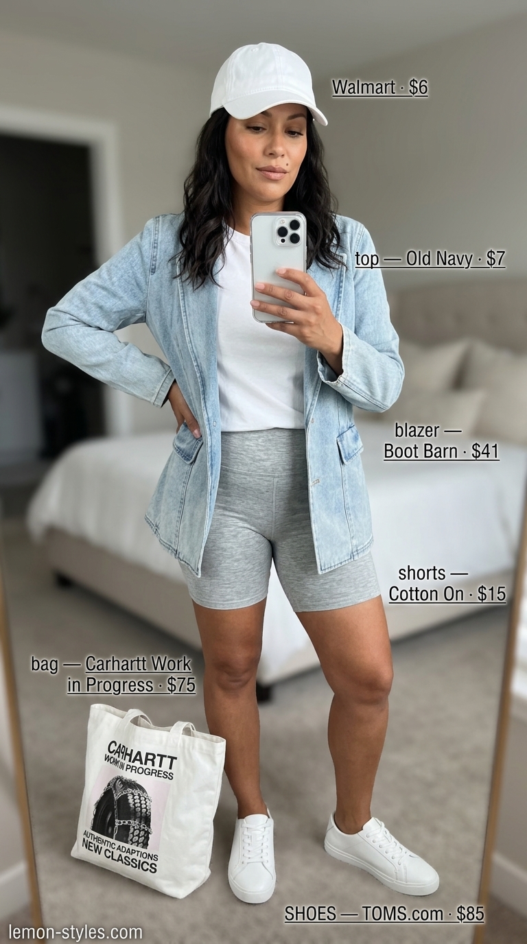 Summer Blazer with Shorts Outfits 2026: Weekend Athleisure Chic Light wash denim blazer with grey cycling shorts for women's summer outfits 2026. Athleisure weekend style.