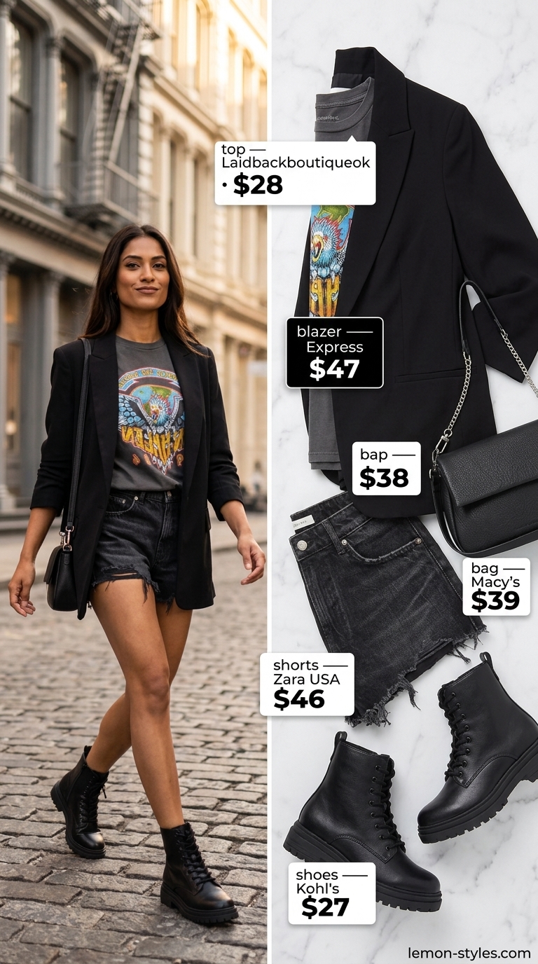 Edgy Summer Blazer Shorts Outfits for Women 2026 Black faux leather blazer with distressed denim shorts for women 2026. Edgy street style.