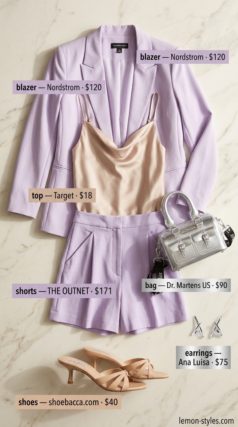 Feminine Summer Blazer Shorts Outfits for Women 2026 Lavender blazer with matching shorts for women 2026. Soft, empowered brunch outfit.