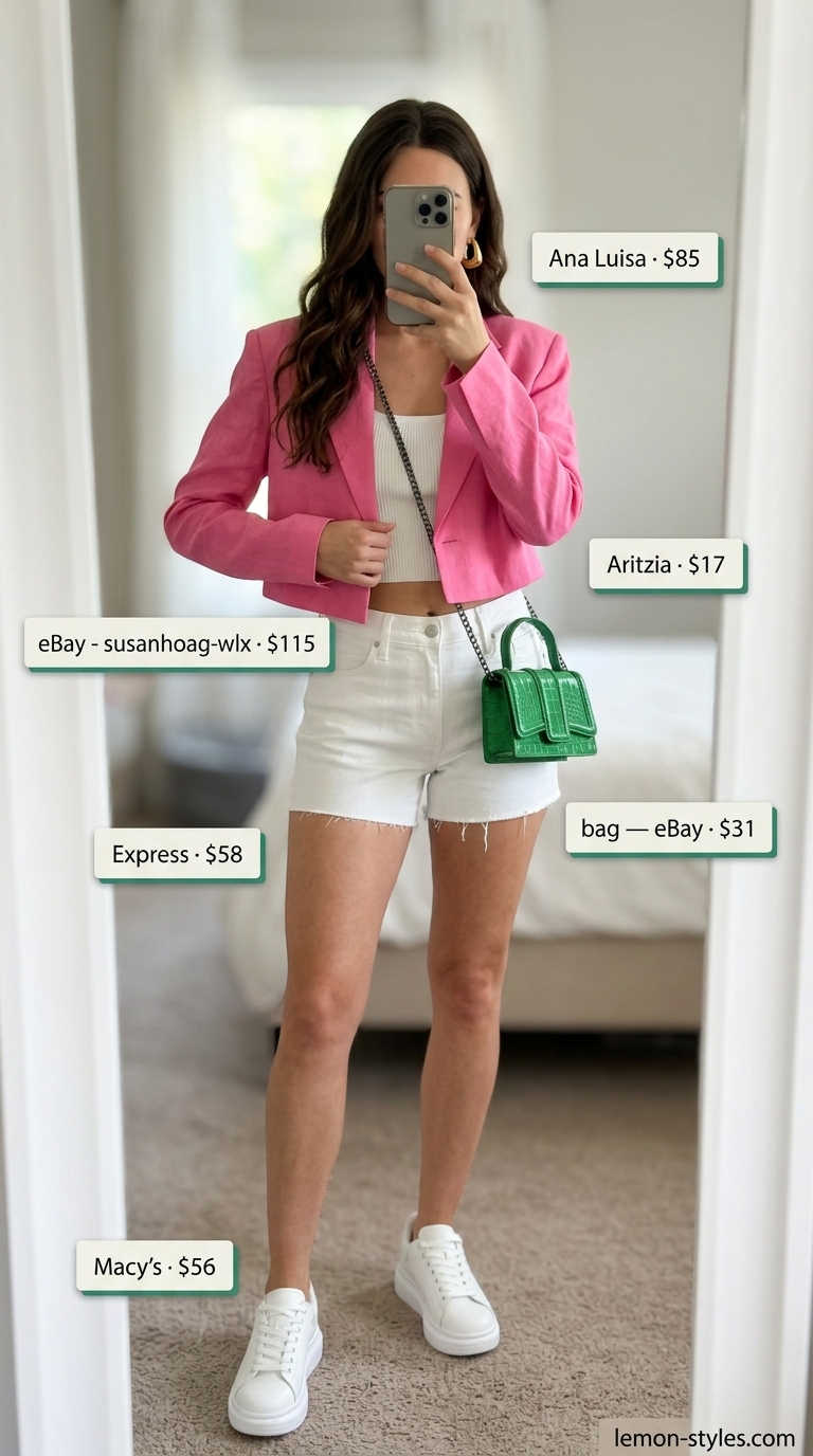 Playful Summer Blazer Shorts Outfits for Women 2026 Candy pink blazer with white denim shorts for women 2026. Playful brunch outfit.
