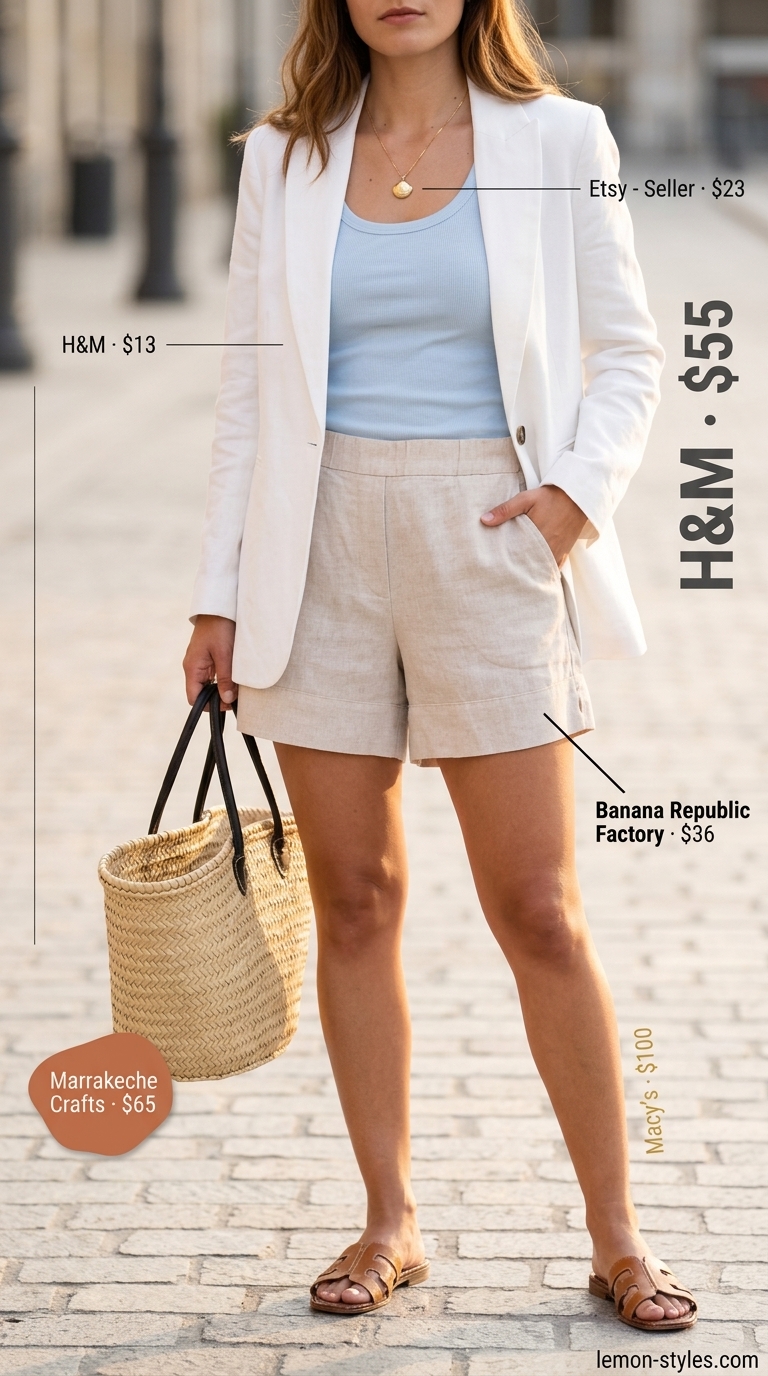 Summer Blazer with Shorts Outfits for Women 2026: Resort Lunch Style Chic summer blazer with shorts outfits for women 2026: White linen blazer, sky blue tank, natural linen shorts, tan sandals for resort lunch.