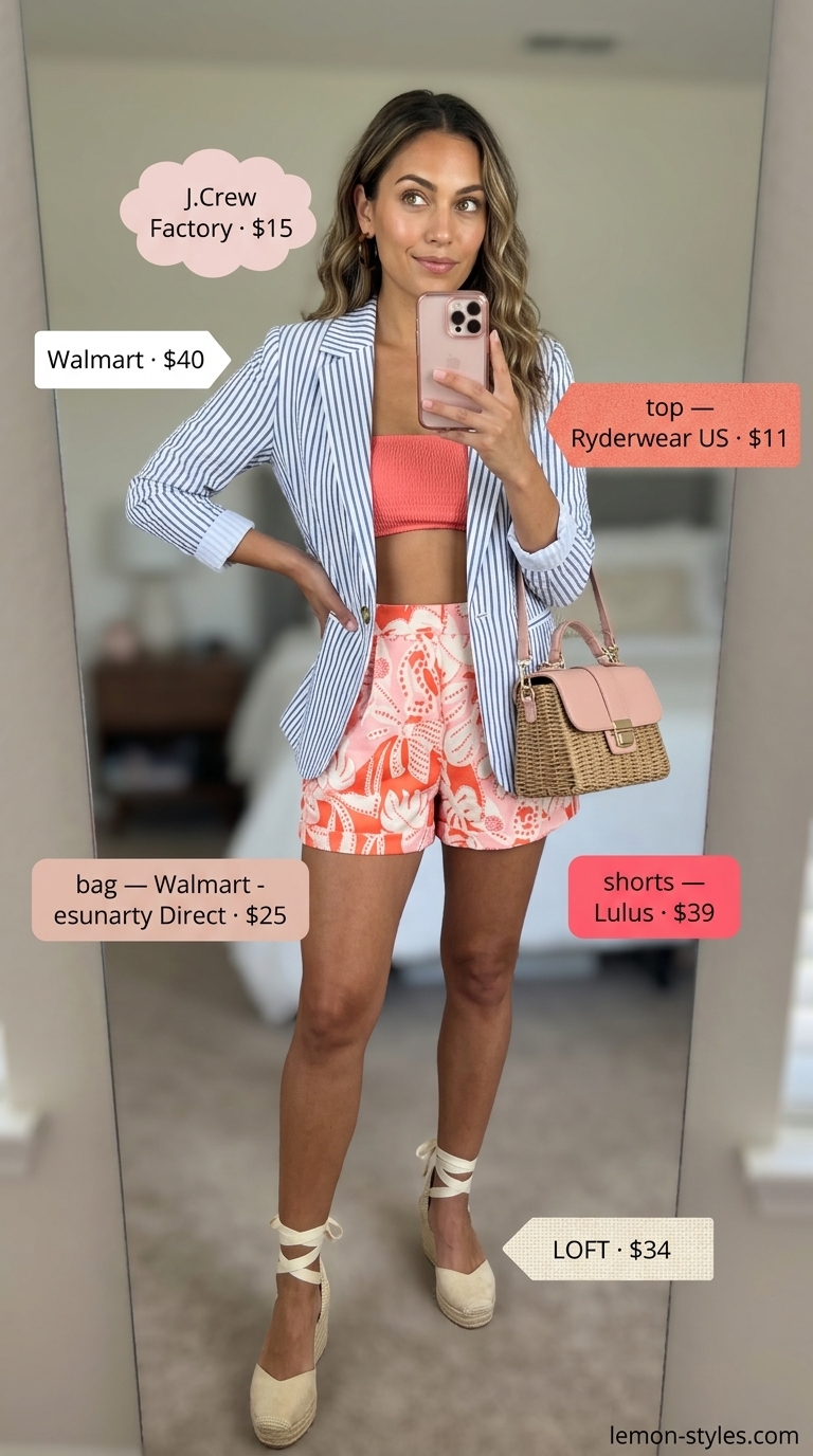 Glamorous Summer Blazer Shorts Outfits for Women 2026 White seersucker blazer with tropical print shorts for women 2026. Glamorous vacation outfit.