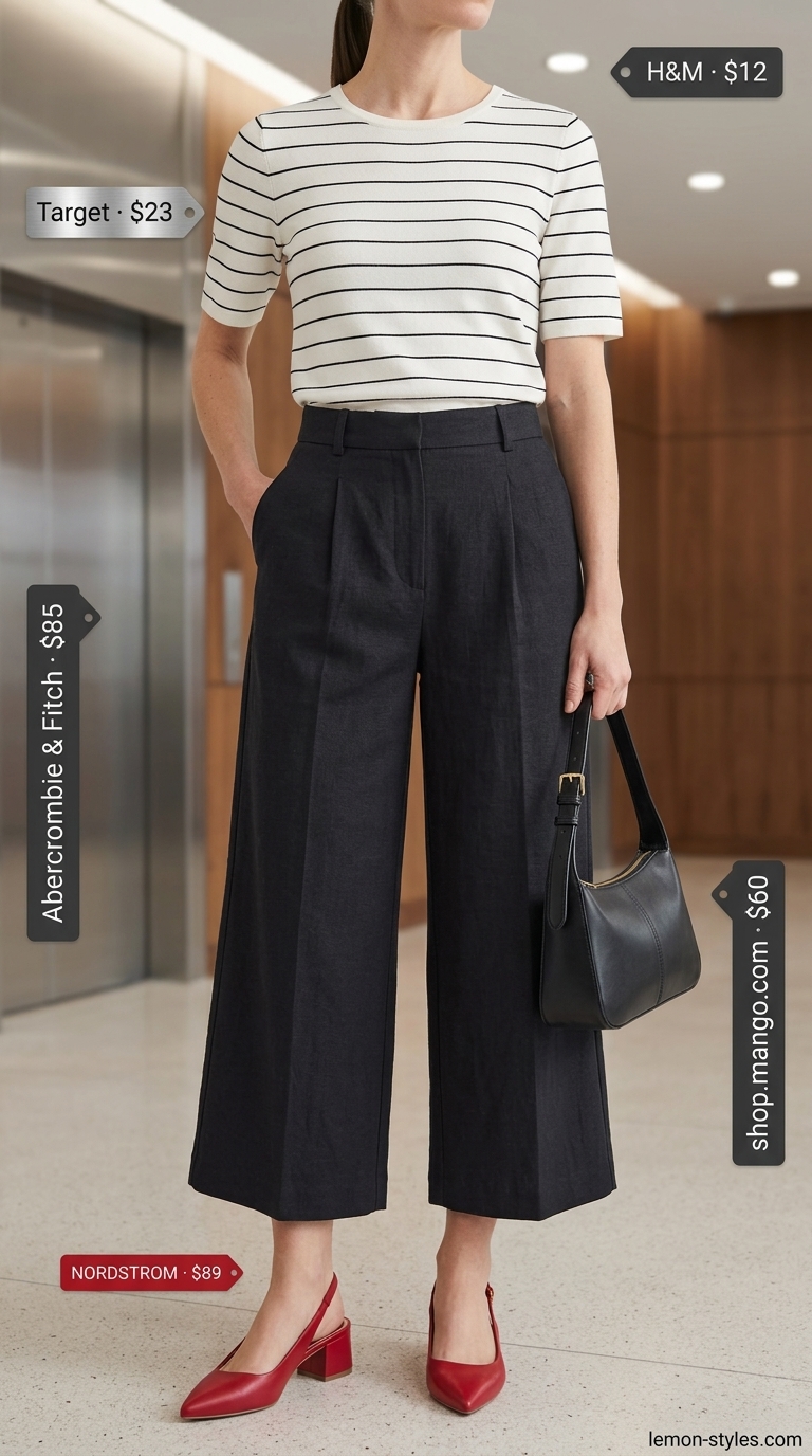 Chic Summer Business Casual Outfit for Women 2026 Black culottes & striped top: contemporary summer business casual outfit for women 2026, chic for office.