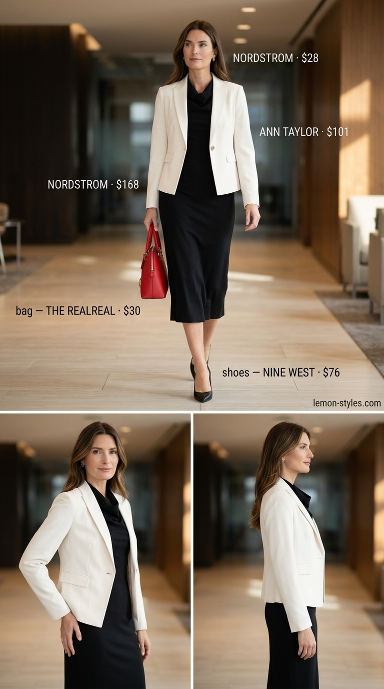 Summer Business Casual Outfit for Women 2026: Elegant Dress & Blazer Summer business casual outfit for women 2026: Black midi dress, white blazer, red satchel for formal meeting.