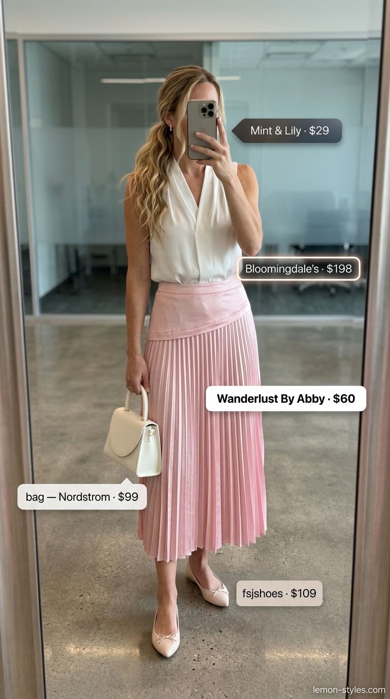 Feminine Summer Business Casual Outfit for Women 2026 Blush pink satin midi skirt & ivory silk blouse: feminine summer business casual outfit for women 2026.