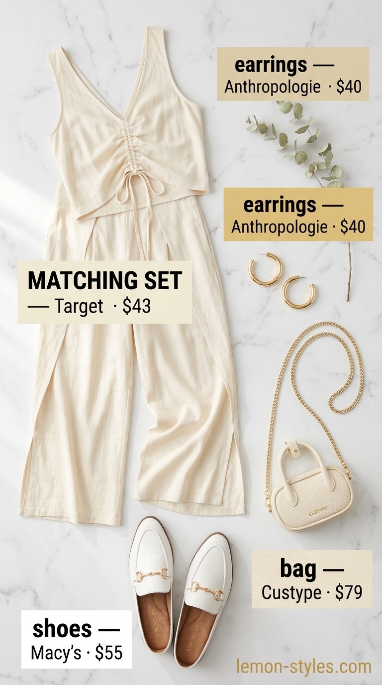 Summer business casual outfit for women 2026: Coral matching set, cream flats, gold hoops for creative office.