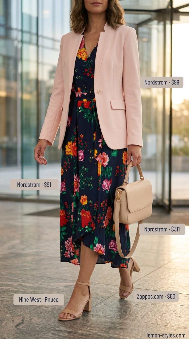 Versatile Summer Business Casual Outfit for Women 2026 Navy floral midi wrap dress: versatile summer business casual outfit for women 2026, great for business trips.