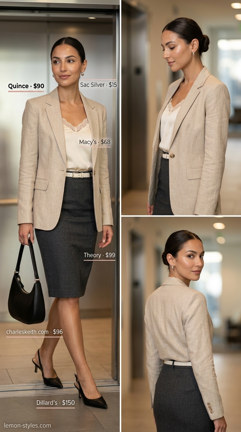 Summer Business Casual Outfit for Women 2026: Modern Pencil Skirt Summer business casual outfit for women 2026: Gray pencil skirt, white camisole, gray blazer, blush pumps.
