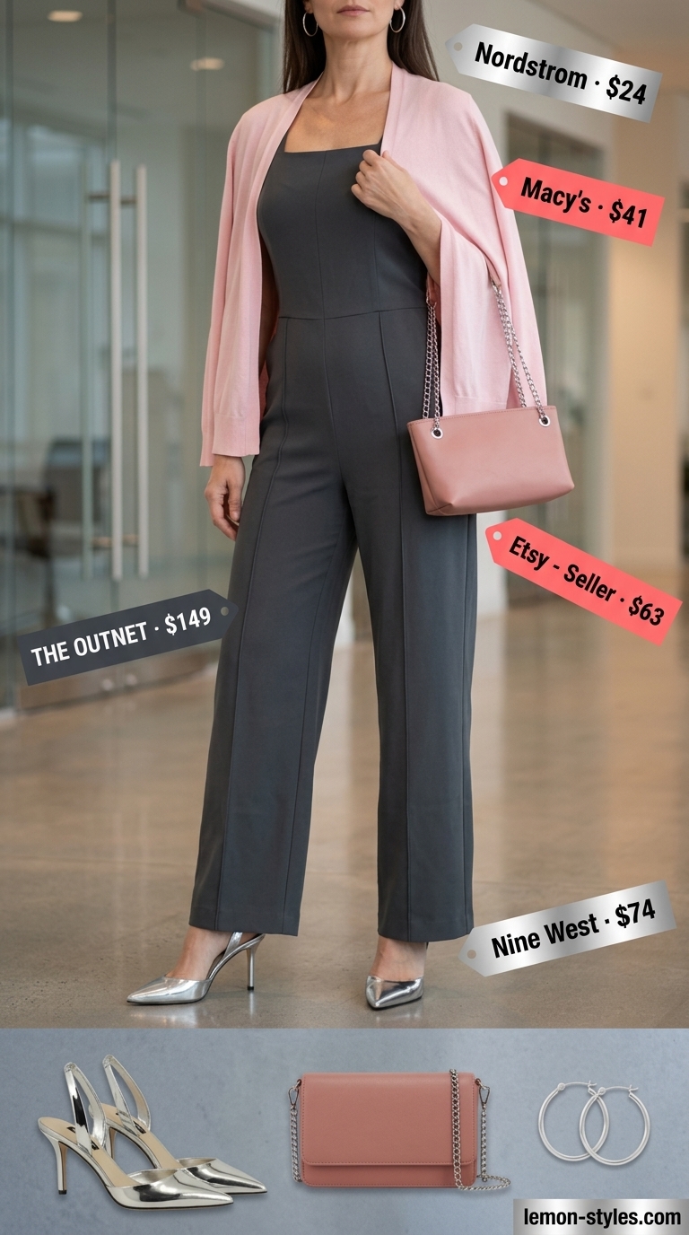 Sophisticated Summer Business Casual Outfit for Women 2026 Charcoal grey jumpsuit: sophisticated summer business casual outfit for women 2026, perfect for networking.