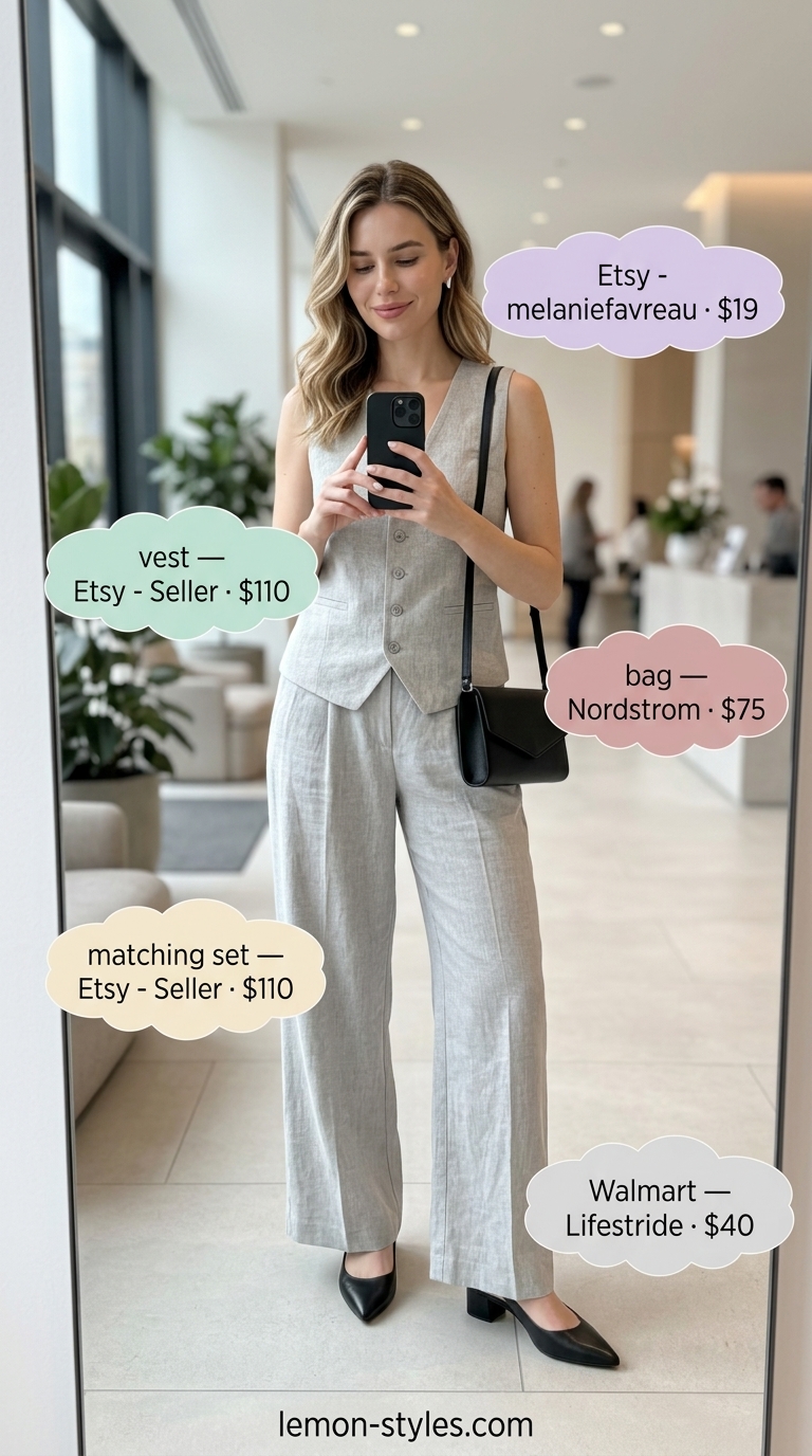 Modern Summer Business Casual Outfit for Women 2026 Light grey matching set: modern summer business casual outfit for women 2026, ideal for industry events.