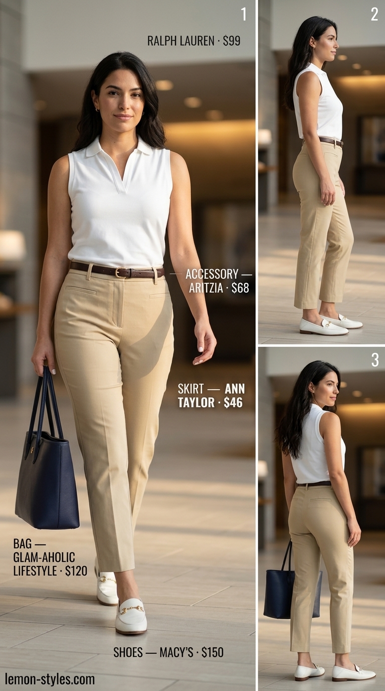 Summer Business Casual Outfit for Women 2026: Smart Pants Look Summer business casual outfit for women 2026: Khaki pants, navy polo, white loafers for office day.