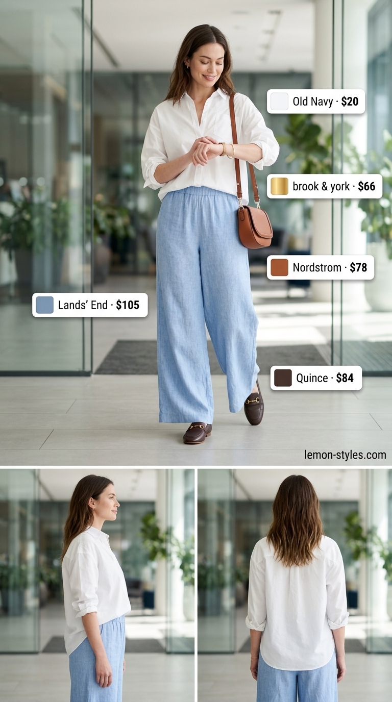 Summer Business Casual Outfit for Women 2026: Coastal Breeze Style Summer business casual outfit for women 2026: Light blue linen pants, white shirt, brown loafers for casual office.