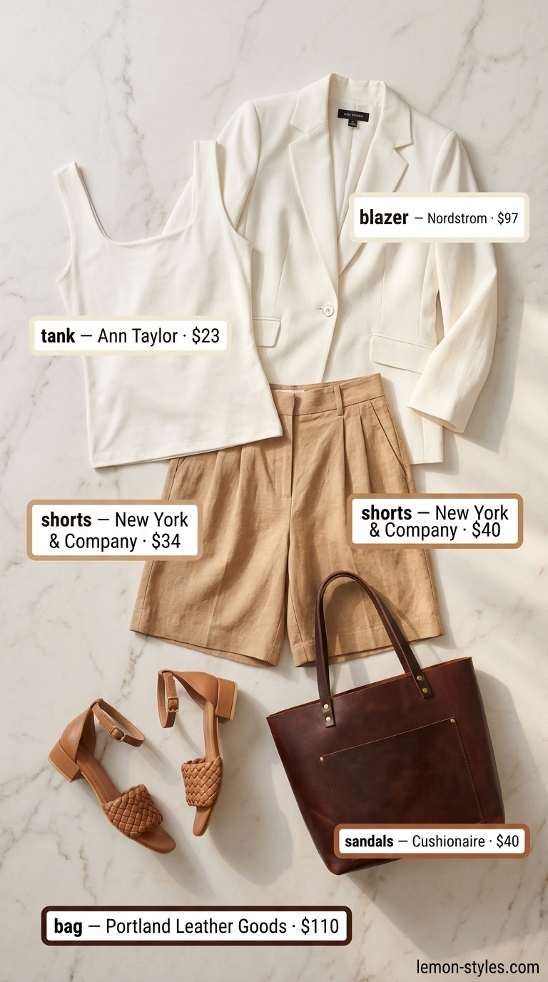 Summer Business Casual Outfit for Women 2026: Chic Meeting Style Summer business casual outfit for women 2026: Ivory linen blazer, tan shorts, white top, and cognac tote for a meeting.