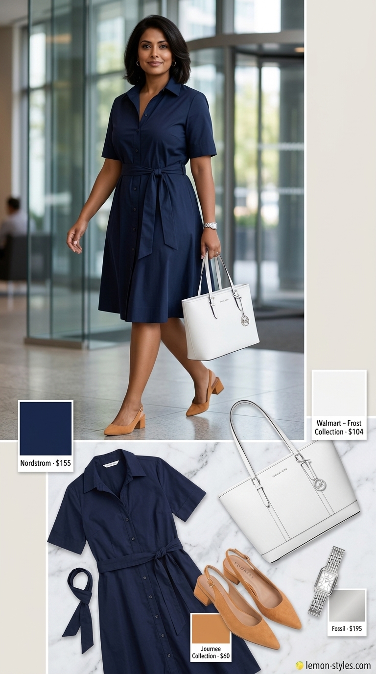 Summer Business Casual Outfit for Women 2026: Polished Dress Style Summer business casual outfit for women 2026: Navy shirtdress, tan pumps, white tote for office presentation.