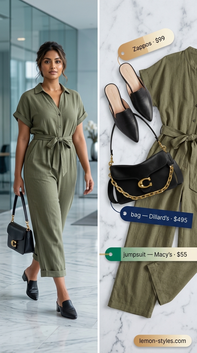 Summer Business Casual Outfit for Women 2026: Chic Utility Jumpsuit Summer business casual outfit for women 2026: Olive green utility jumpsuit, black mules, gold hoops for work event.