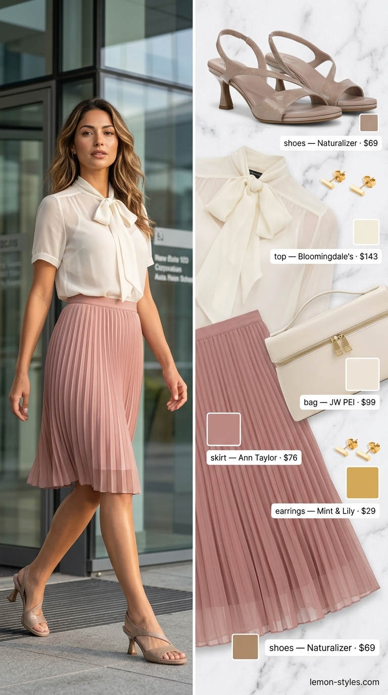 Summer Business Casual Outfit for Women 2026: Feminine Skirt Style Summer business casual outfit for women 2026: Pink midi skirt, cream blouse, beige sandals for brainstorming.