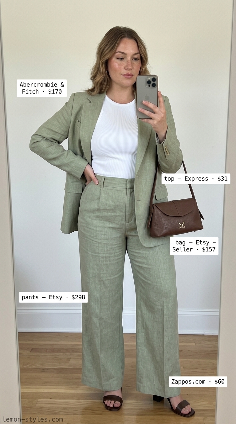 Polished Summer Business Casual Outfit for Women 2026 Sage green linen suit: polished summer business casual outfit for women 2026, ideal for important meetings.