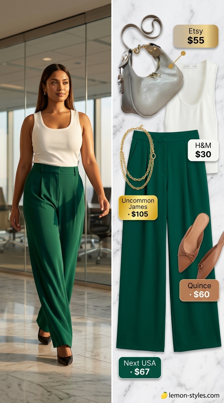 Summer Business Casual Outfit for Women 2026: Effortless Trousers Summer business casual outfit for women 2026: Sage green trousers, cream knit top, tan mules for office.