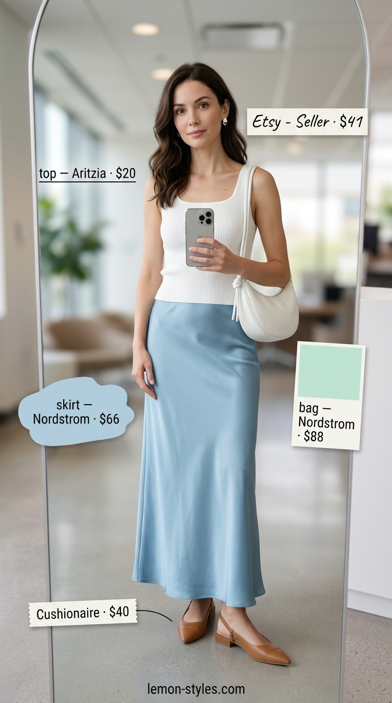 Elegant Summer Business Casual Outfit for Women 2026 Sky blue midi skirt & white tank: elegant summer business casual outfit for women 2026, great for casual workdays.