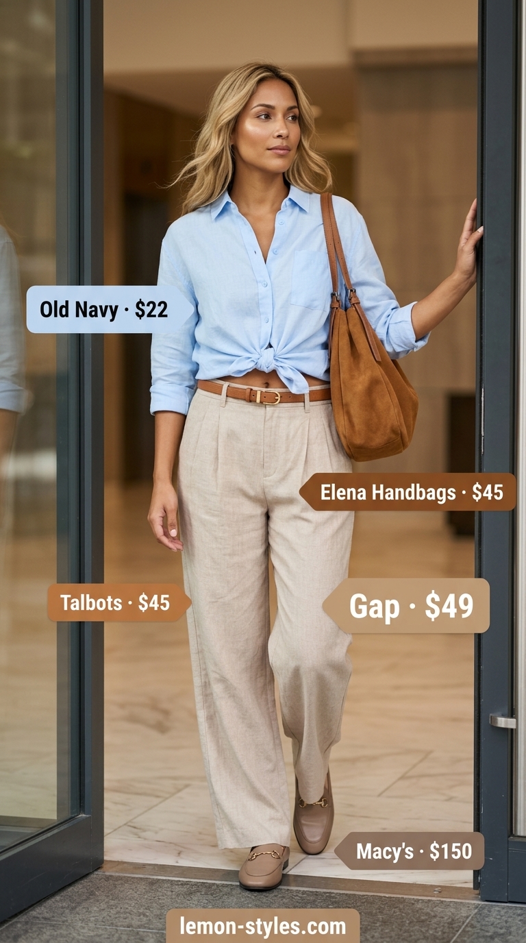 Summer Business Casual Outfit 2026: Relaxed Tailoring Beige linen trousers outfit for summer business casual 2026. Features sky blue shirt and tan loafers.
