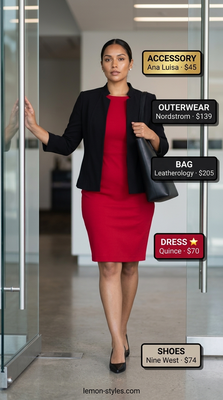 Summer Business Casual Outfit 2026: Burgundy Dress Elegance Burgundy sheath dress outfit for summer business casual 2026. Styled with a black blazer and pumps.