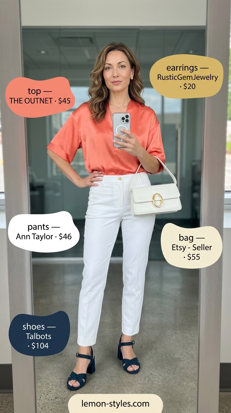 Summer Business Casual Outfit 2026: Coral Blouse Smart Coral silk blouse outfit for summer business casual 2026. Paired with white cropped pants and navy sandals.