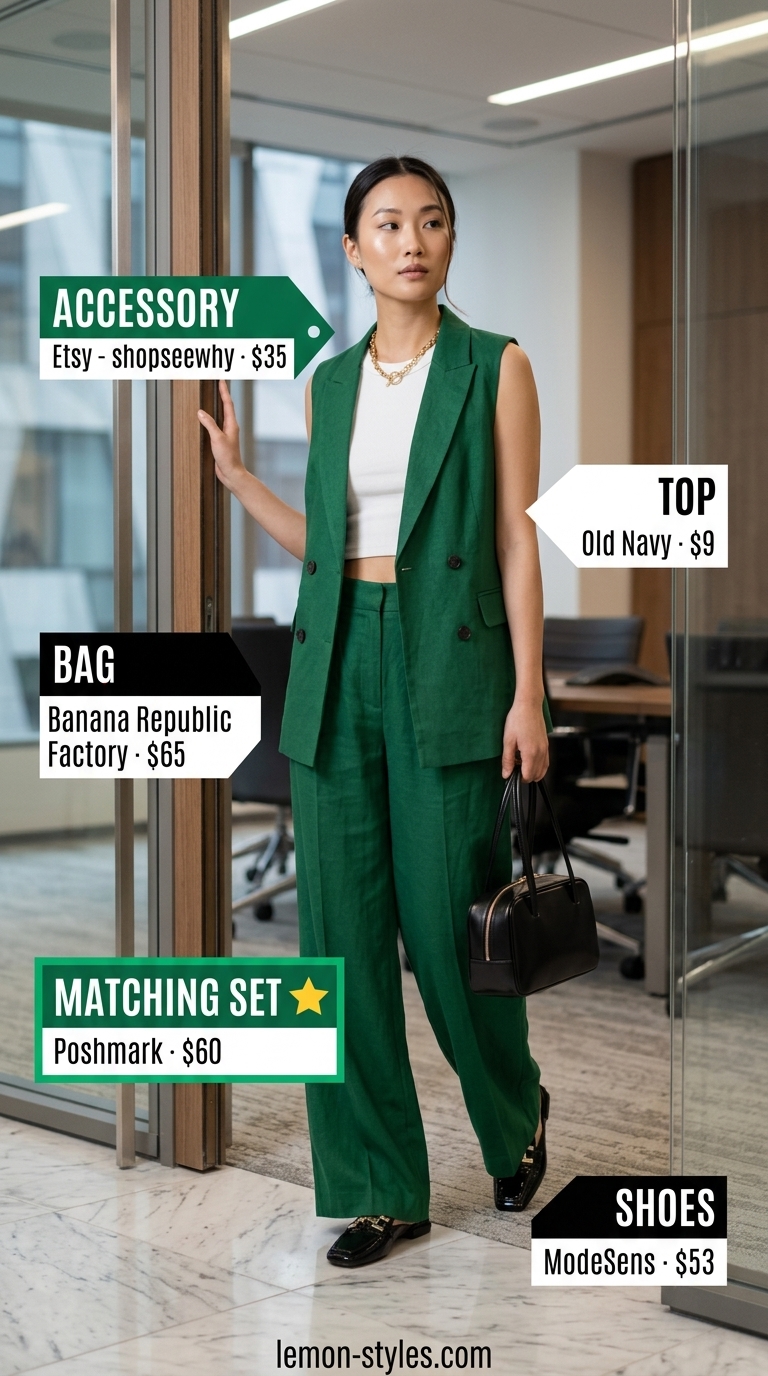 Summer Business Casual Outfit 2026: Green Co-ord Style Forest green linen matching set for summer business casual 2026. Worn with a white tank and black mules.