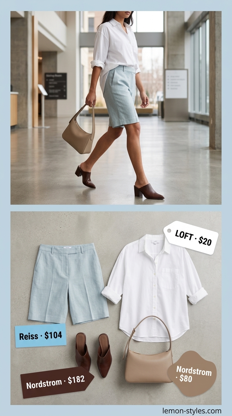 Summer Business Casual Outfit 2026: Linen Shorts Freshness Light blue linen shorts outfit for summer business casual 2026. Paired with an oversized white button-down shirt.