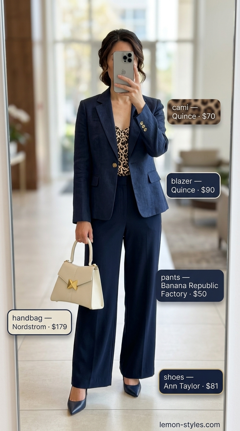 Summer Business Casual Outfit 2026: Navy Blazer Power Navy linen blazer outfit for summer business casual 2026. Includes wide-leg trousers, silk camisole, and leather satchel.
