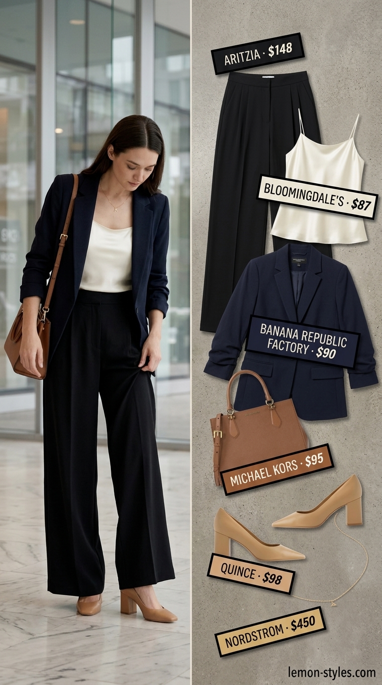 Summer Business Casual Outfit 2026: Navy Executive Edge Navy linen blazer and trousers for summer business casual 2026. Includes ivory silk camisole and cognac pumps.