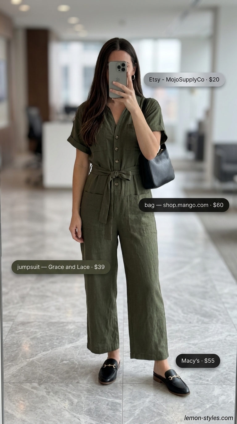 Summer Business Casual Outfit 2026: Utility Jumpsuit Chic Olive green utility jumpsuit for summer business casual 2026. Paired with black mules and silver earrings.