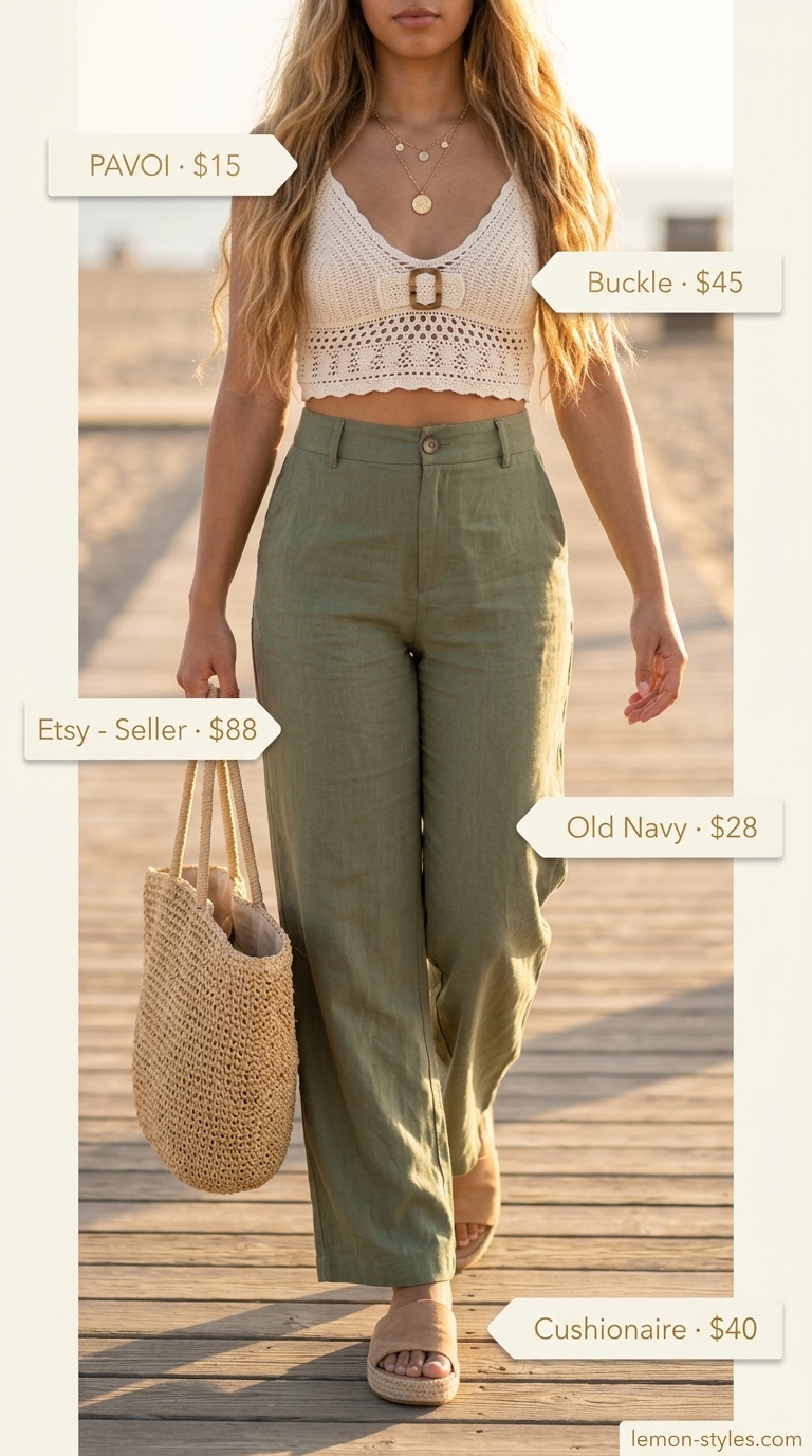 Bohemian Sunset Soiree Summer Crochet Crop Top Outfits 2026 Bohemian Sunset Soiree outfit with cream crochet crop top, olive linen pants, and straw tote for summer 2026.