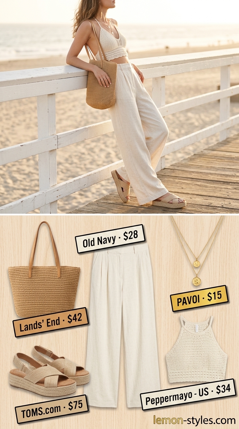 Boho Beach Siren Summer Crochet Crop Top Outfits 2026 Boho Beach Siren outfit with cream crochet crop top, olive green linen pants, and straw tote bag for summer 2026.