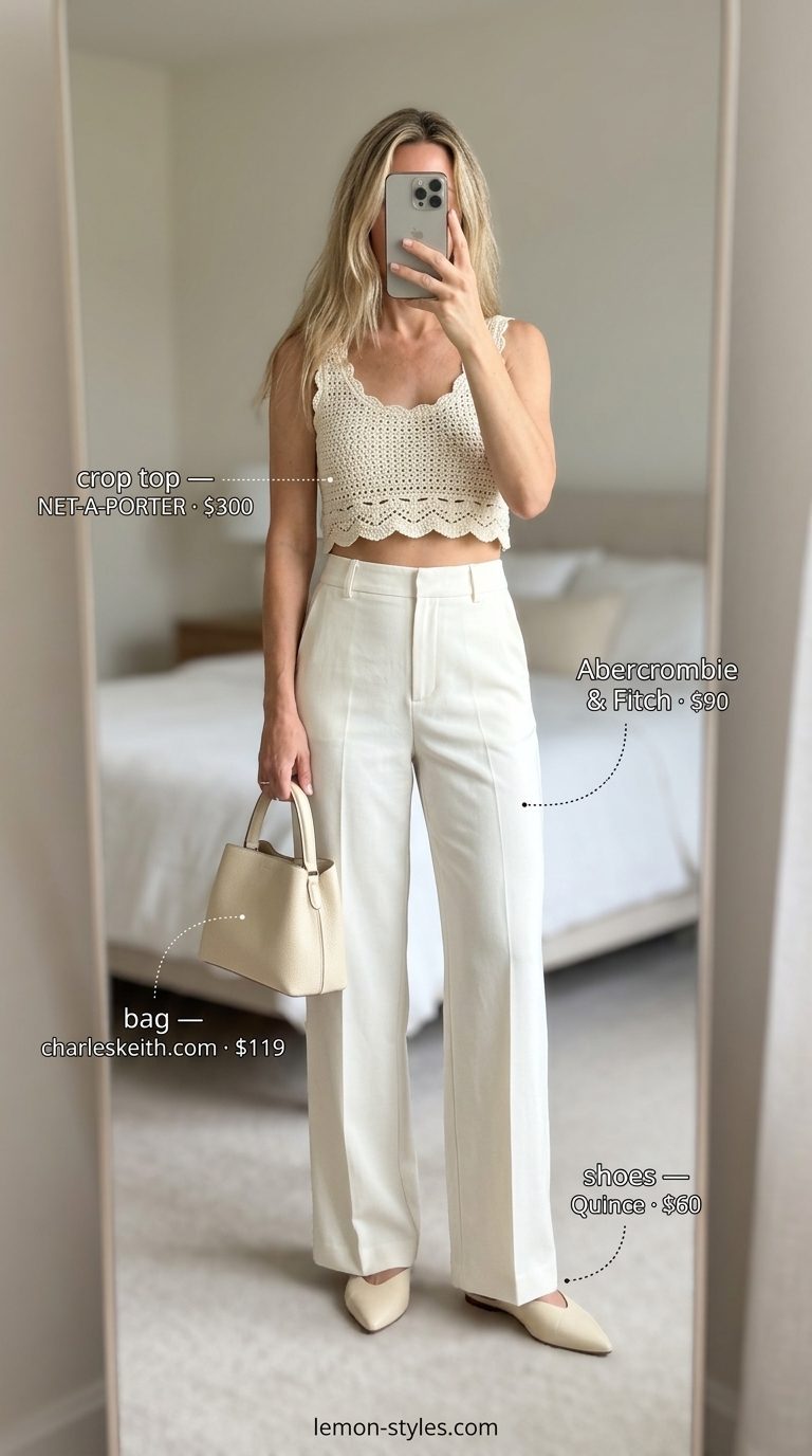 Chic Riviera Rendezvous Summer Crochet Crop Top Outfits 2026 Chic Riviera Rendezvous outfit with off-white crochet crop top, cream wide-leg trousers, and gold hoops for summer 2026.