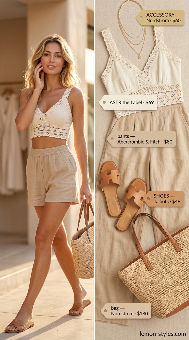 Coastal Breeze Brunch Summer Crochet Crop Top Outfits 2026 Relaxed Coastal Breeze Brunch outfit with white crochet tank top, linen pants, and straw tote for summer 2026.