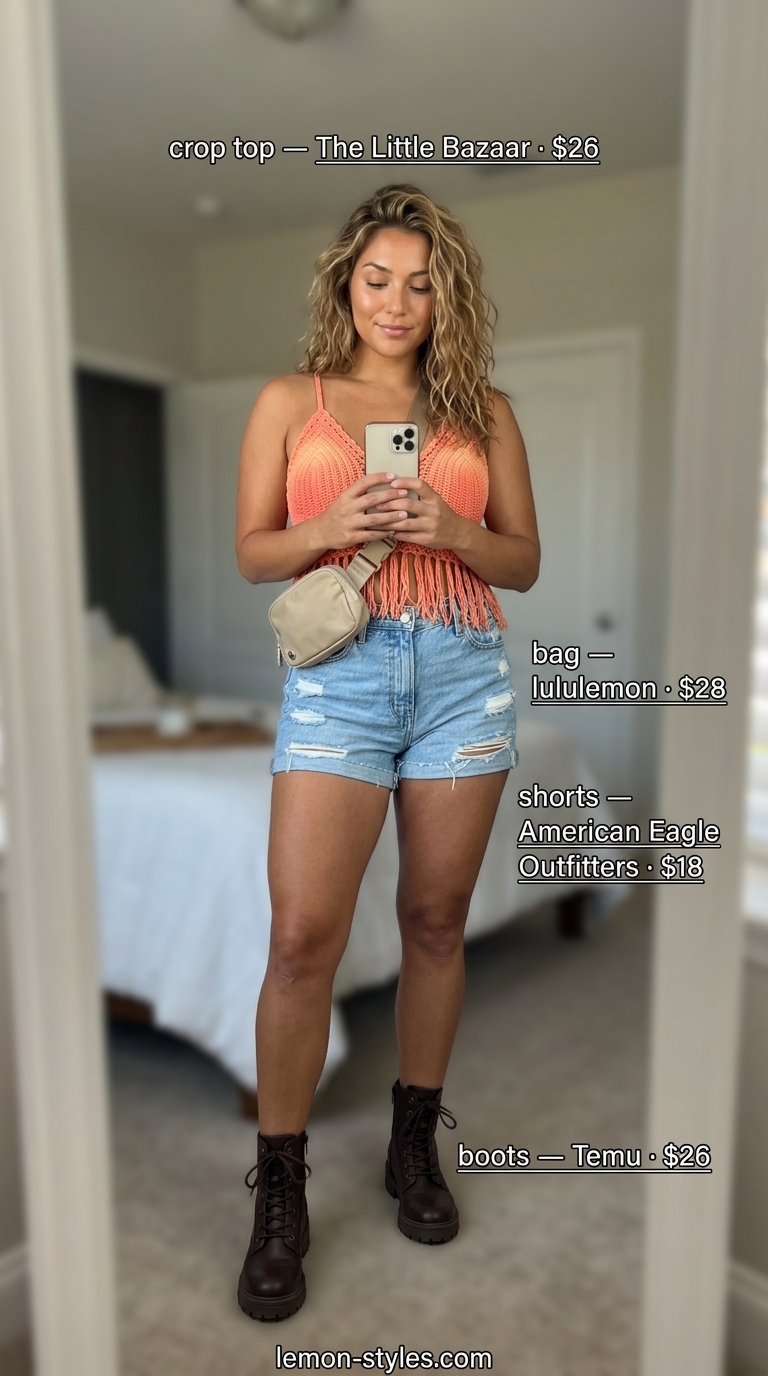 Festival Dream Weaver Summer Crochet Crop Top Outfits 2026 Festival Dream Weaver outfit with peach/coral crochet crop top, denim shorts, and combat boots for summer 2026.