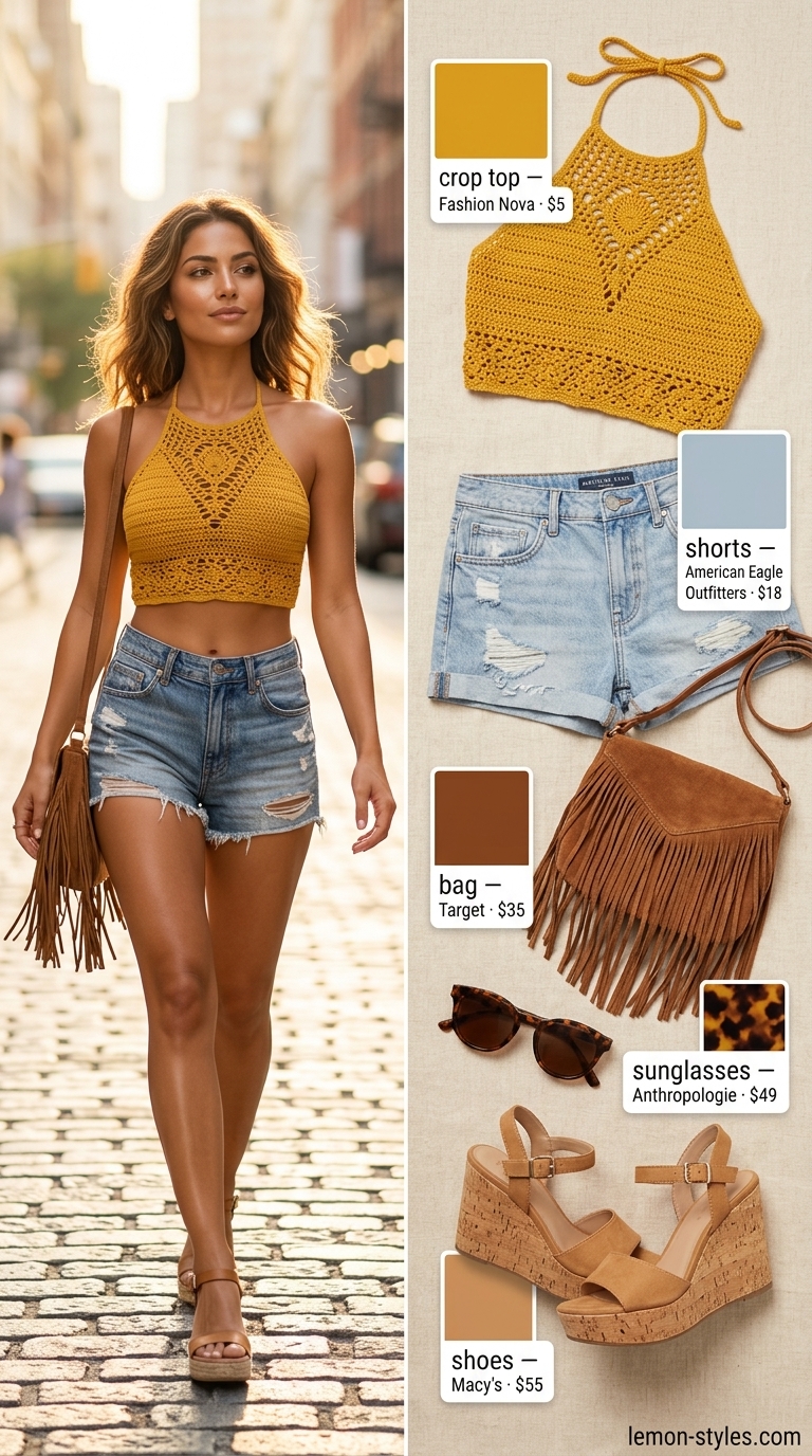 Summer Crochet Crop Top Outfits 2026: Festival Spirit Multi-colored crochet halter top with denim shorts, brown fringe bag, and espadrille wedges. Summer crochet crop top outfits 2026.