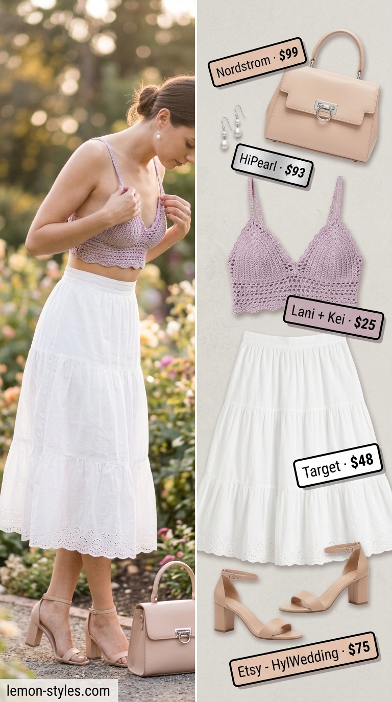 Summer Crochet Crop Top Outfits 2026: Garden Party Dream Lavender crochet bralette with white tiered skirt, silver sandals, and top-handle bag. Summer crochet crop top outfits 2026.
