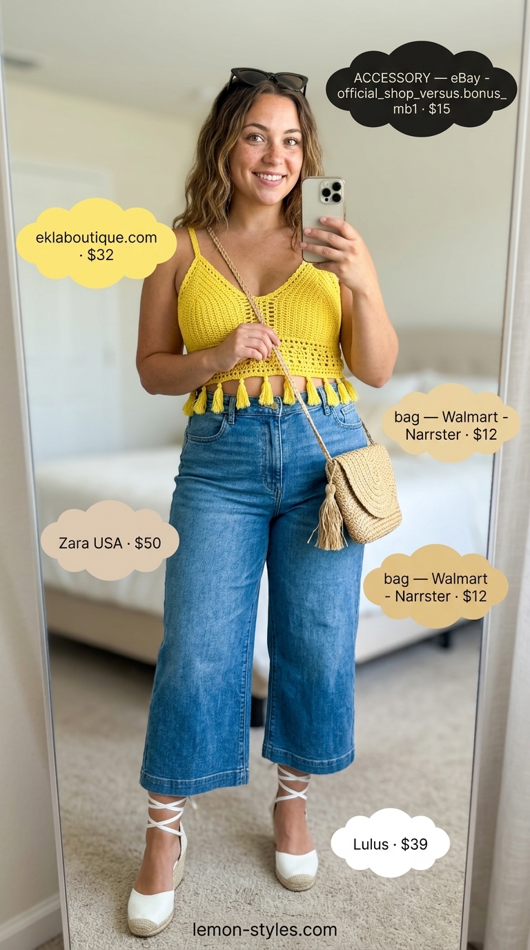 Summer Crochet Crop Top Outfits 2026: Lakeside Fun Yellow crochet crop top with denim culottes, white espadrilles, and straw bag. Summer crochet crop top outfits 2026 for lakeside.