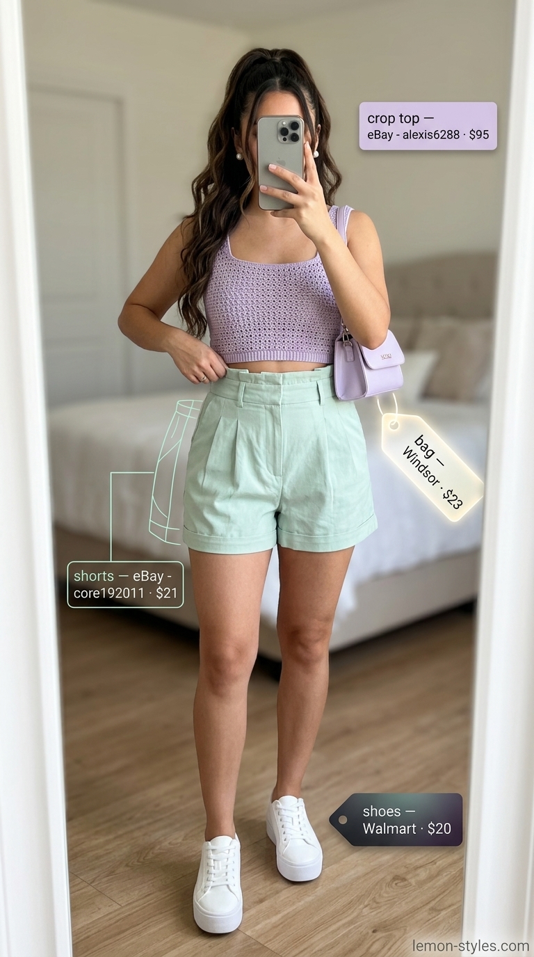 Lavender Haze City Stroll Summer Crochet Crop Top Outfits 2026 Lavender Haze City Stroll outfit with lavender crochet crop top, mint green paperbag shorts, and platform sneakers for summer 2026.
