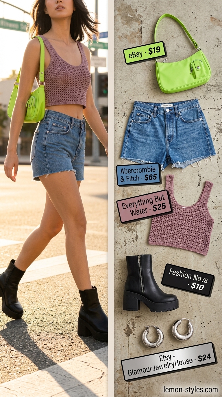 Urban Chic Explorer outfit with black crochet crop top, denim shorts, and neon green bag for summer 2026.