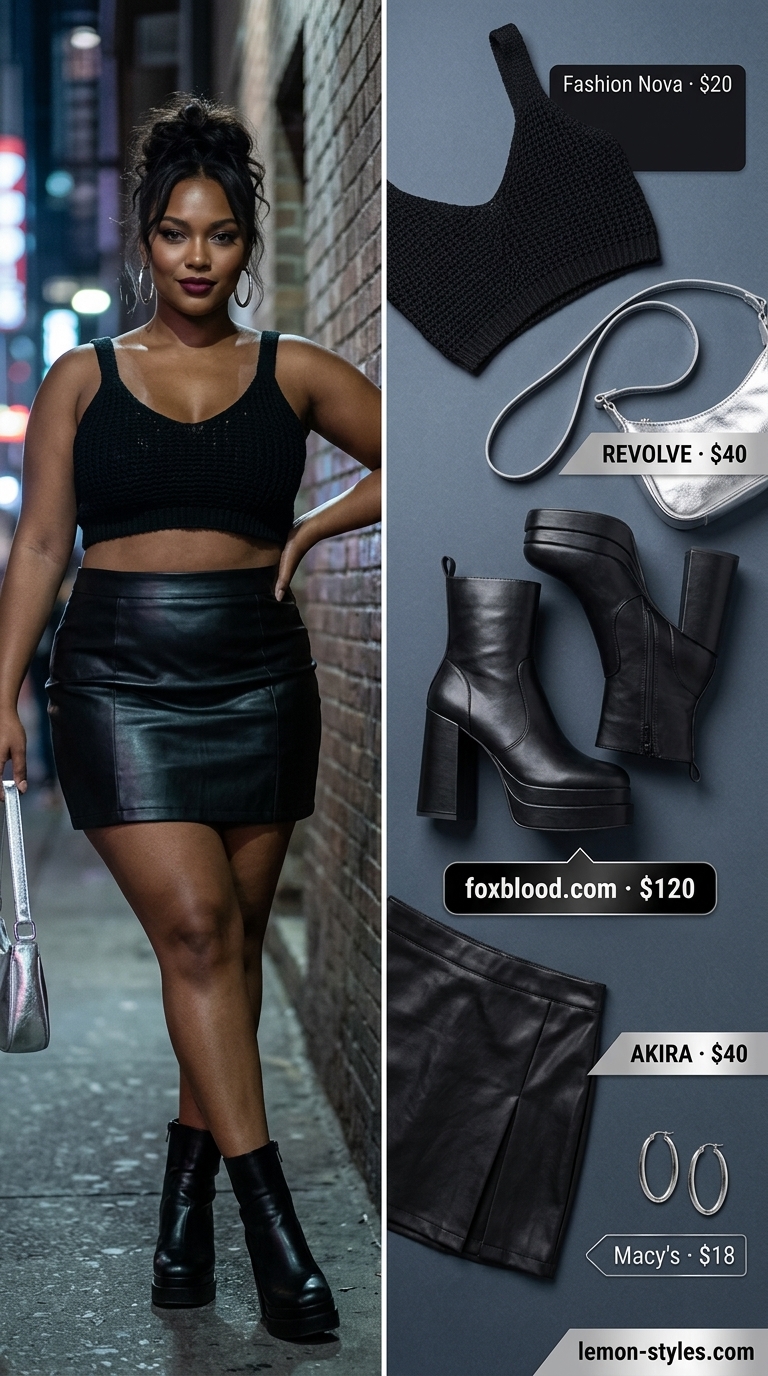 Summer Crochet Crop Top Outfits 2026: Urban Edge Black crochet crop top with faux leather skirt, platform boots, and silver bag. Summer crochet crop top outfits 2026 for night out.