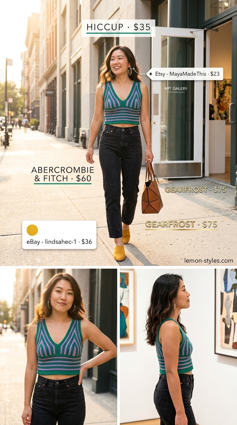 Summer Crochet Crop Top Outfits 2026: Vibrant Creator Striped crochet crop top with dark denim jeans, mustard mules, and tote bag. Summer crochet crop top outfits 2026 for art day.