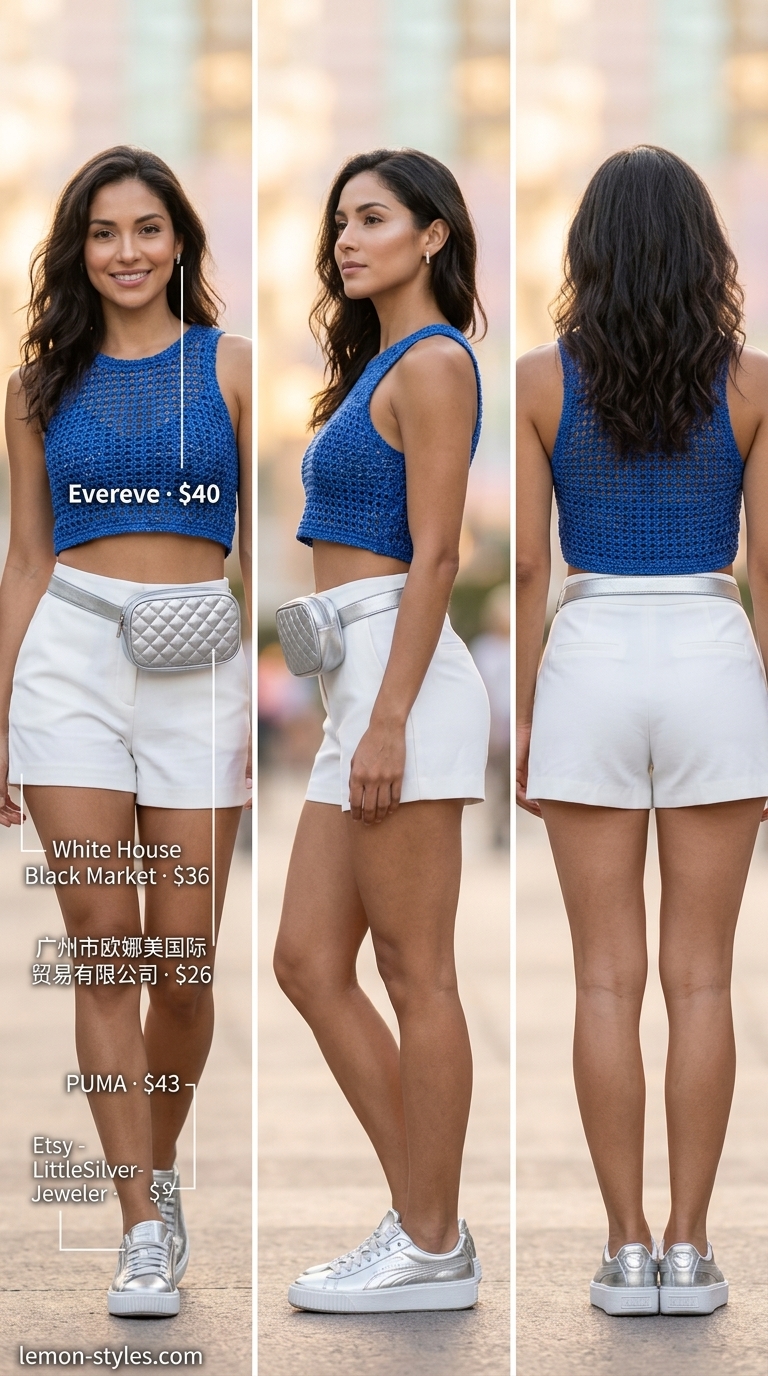 Athletic Resort Glam: Crochet Crop Top Outfits 2026 Cobalt blue crochet crop top with white Bermuda shorts for a sporty chic outfit 2026.