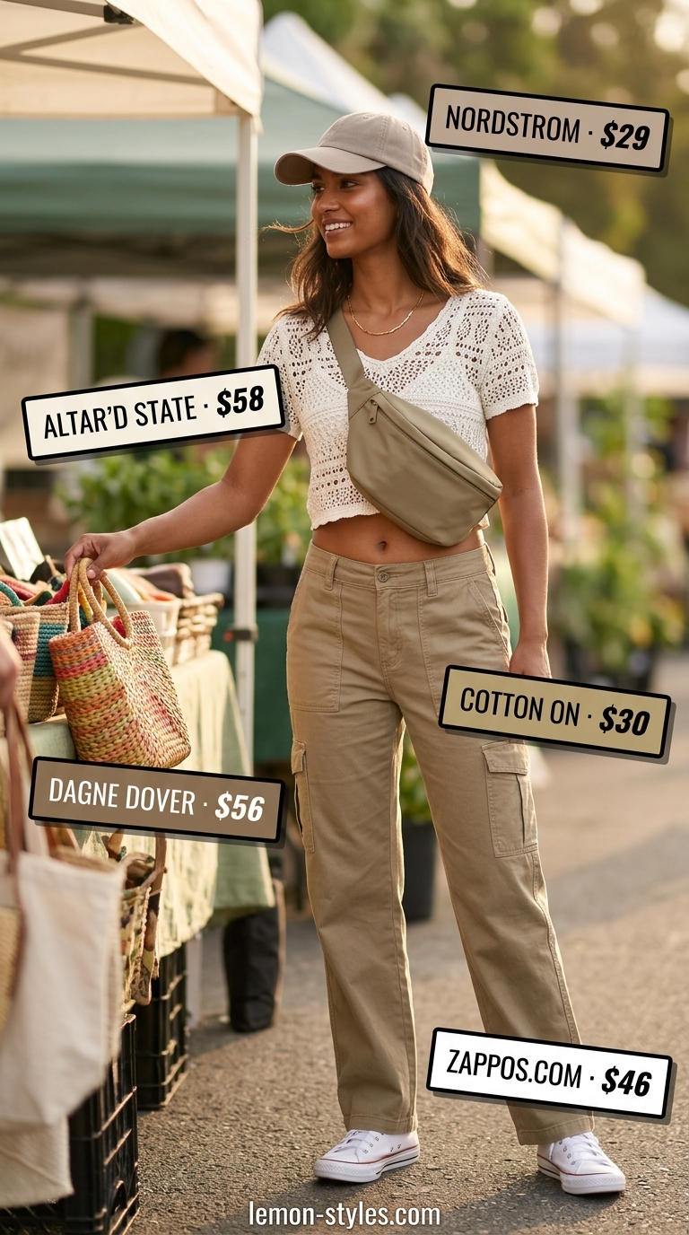 Weekend Wanderer: Crochet Crop Top Outfits 2026 Off-white crochet crop top with khaki cargo pants for a casual weekend outfit 2026.