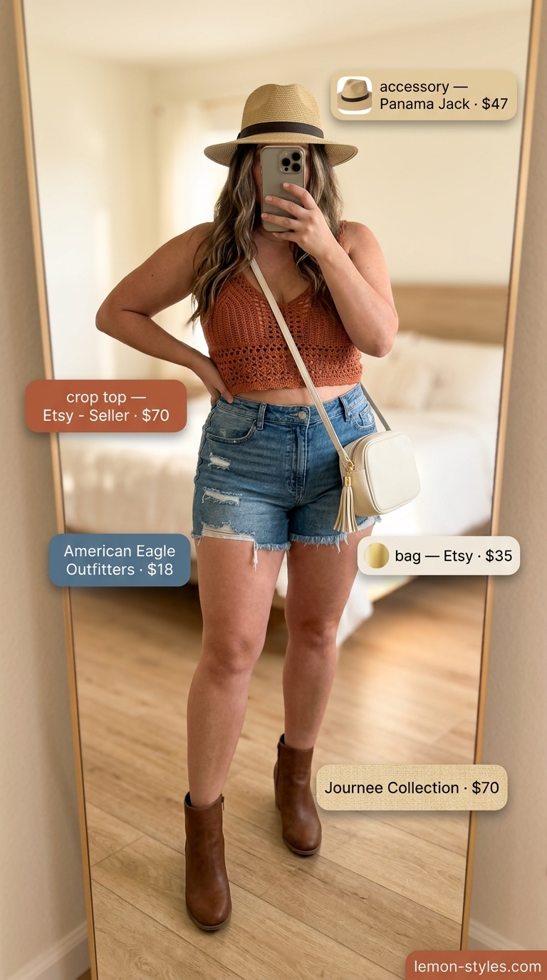 Desert Bloom: Crochet Crop Top Outfits 2026 Terracotta crochet crop top with denim cutoff shorts for a desert day trip outfit 2026.